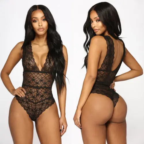 Women V-Neck Lace Bandage Bodysuit Women Sleepwear Underwear Lingerie Romper Party Jumpsuit