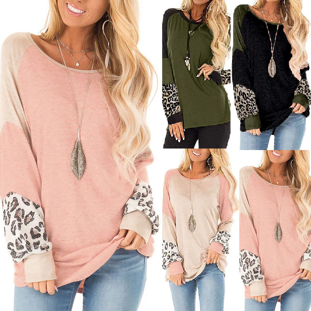 2019 ladies leopard solid color stitching long-sleeved shirt sweater 
