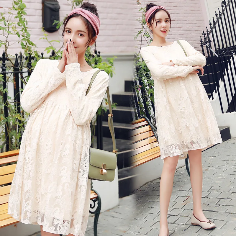 

Photo Shoot Maternity Clothes Autumn And Winter Korean-style Loose-Fit Crew Neck Lace Brushed And Thick-Style Elegant Large Size