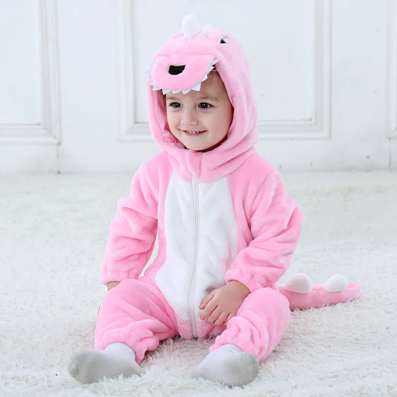 Зимняя одежда для новорожденных; комбинезон для малышей; комбинезон с капюшоном в виде животных; костюм Стича Пикачу; комбинезоны для мальчиков и девочек; Одежда для младенцев; Пижама - Цвет: Pink dinosaur
