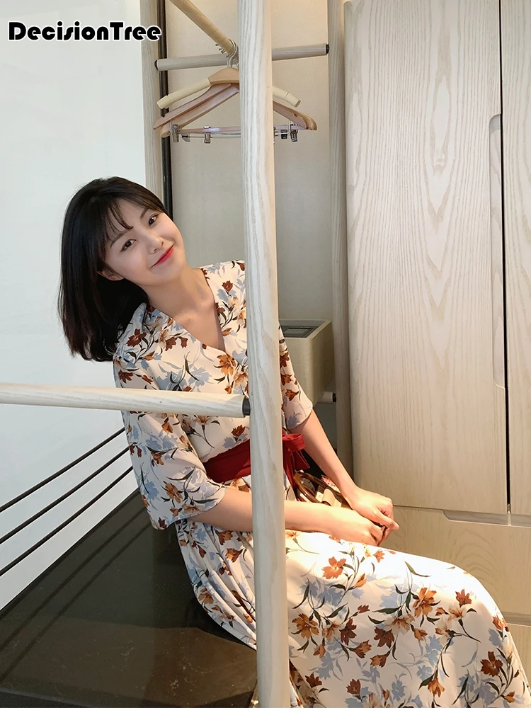 Японское кимоно платье женское улучшенное кимоно mujer yukata японское платье Цветочное платье с v-образным вырезом кимоно женское платье с принтом obi