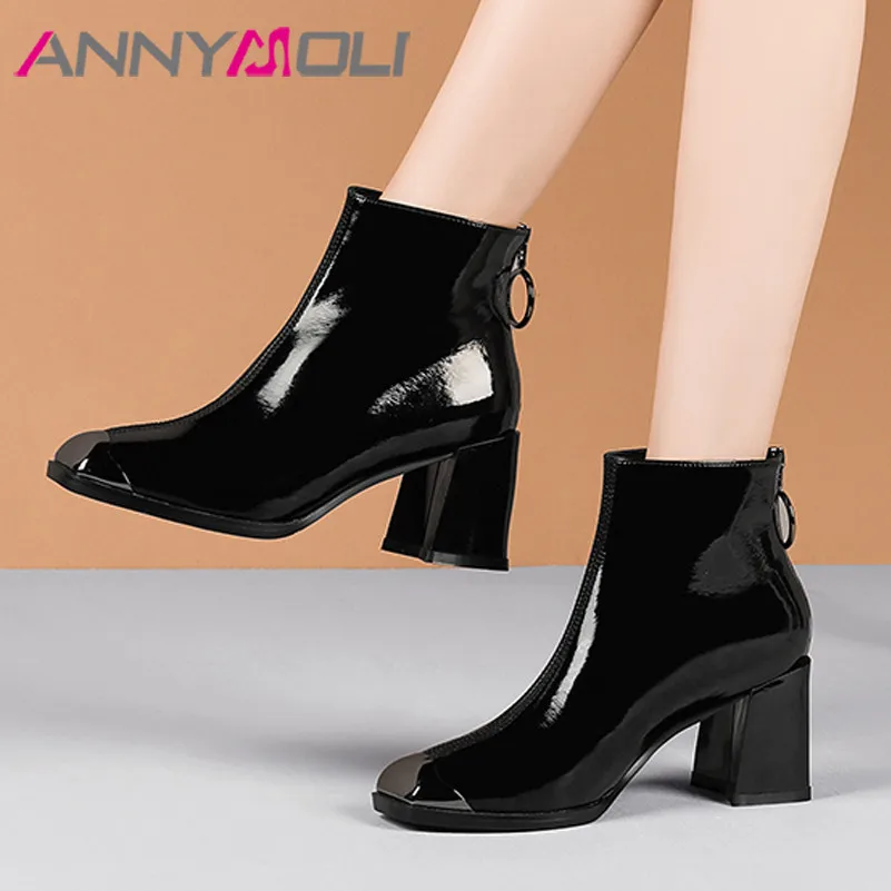 

ANNYMOLI Winter Ankle Boots Women Natural Genuine Leather Chunky High Heels Short Boots Zipper Square Toe Shoes Lady Size 34-39