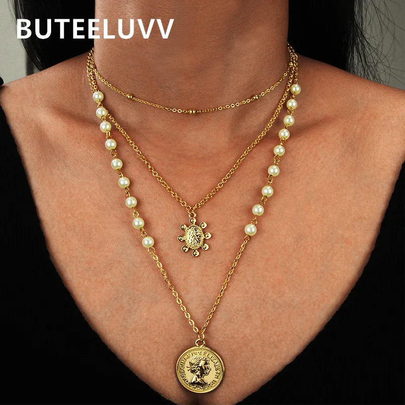 Vintage Queen Coin Pendant Necklace Fashion Jewelry Retro Elegant Imitation Pearl Beaded 3 Layered Chain Necklaces for Women | Украшения и