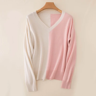 Pink Бежевый, хаки, белый, розовый, контрастный цвет, чистый шерстяной кашемировый свитер, v-образный вырез, Женский лоскутный Свободный пуловер, свитер, Новинка - Цвет: Pink