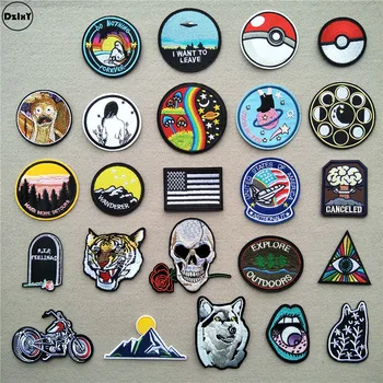 

(46 Differents Styles) 1 PCS Round Patches for Clothes Iron on UFO Appliques DIY Skull Stripes Embroidery Stickers Animals Badge