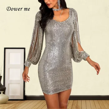 

Sequined Prom Gowns GK058 O-Neck Long Sleeve Formal Party Dresses Silver Zipper Vestidos De Gala Shining Short Gowns For Women