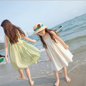 

Kids Dress 2020 New Cotton Linen Holiday Girls Dress Beach Dresses Children Summer Suspender Mother Daughter Clothing 4-16Y