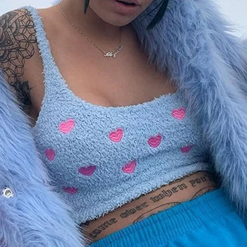 

Blue Off Shoulder Sexy Tank Tops Women Summer 2020 Heart Embroidery Sweet Cute Sexy Summer Crop Top Harajuku Kawaii