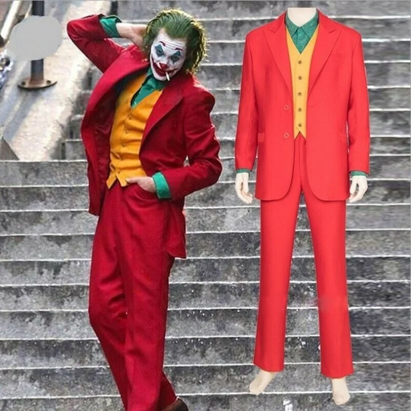 Мужские костюмы на Хэллоуин, костюм Джокера из фильма, костюм для косплея, полный комплект, наряды, костюм Джокера, красный костюм, наряд на Хэллоуин для мужчин и женщин+ маска
