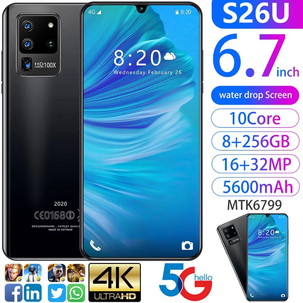 2020 S26U Mobile Phone 6.7 8G RAM 256GB ROM Dual SIM 16MP Front Camera MTK6799 Ten Core OS 5G Cellphones 5600mAh Smartphones