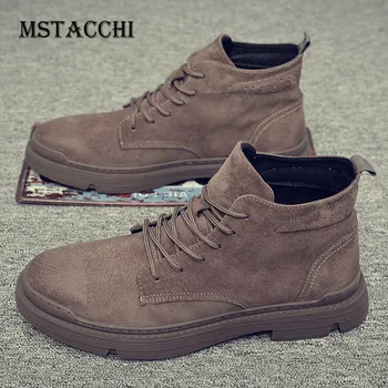 

MStacchi 2020 Men Boots Fashion High-Top Genuine Leather Round Toe Flat Concise Lace-Up Retro Autumn Winter Men Ankle Boots