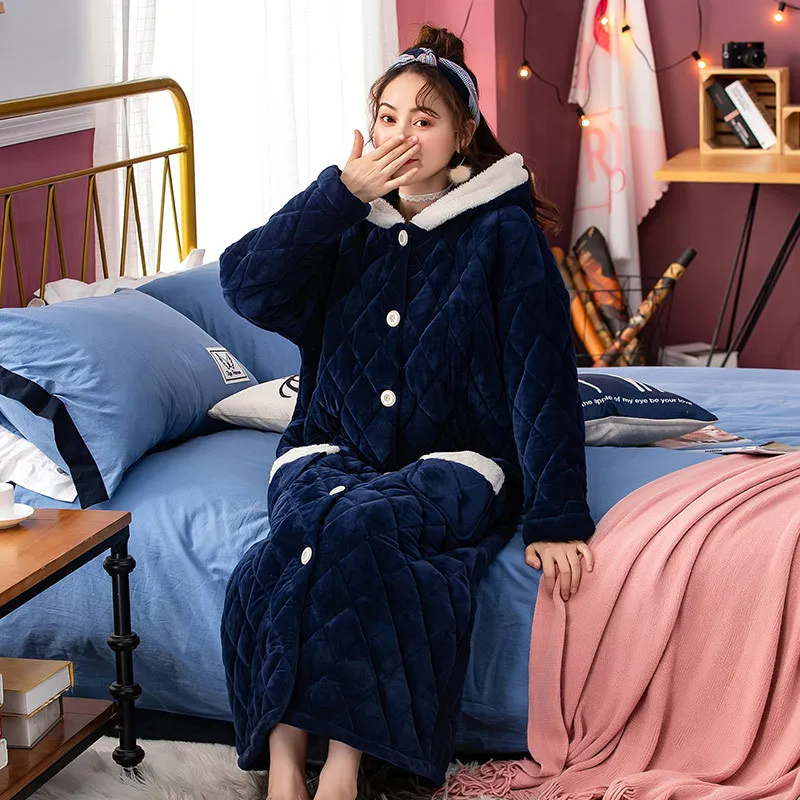 

2020 New Women Soft Flannel Navy Bathrobe Winter Cotton with Velvet Home Robea Female Hooded Extra Long Thick Warm Dressing Gown