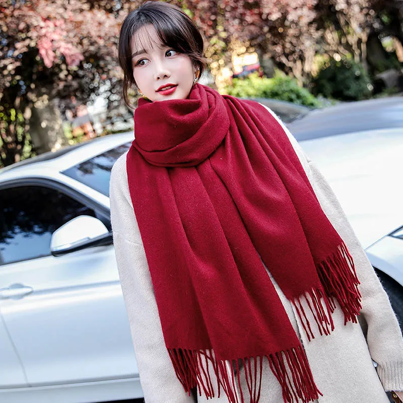

2019 Winter Scarf Women Wool Blending Solid Shawls and Wraps for Ladies Warm Muffler Echarpe Vintage Red Wool Scarves Foulard