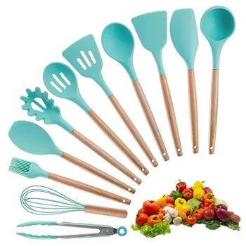 

11pcs/set Silicone Wood Soup Spoon Spatula Brush Scraper Pasta Egg Beater Kitchen Cooking Tools Kitchenware Green