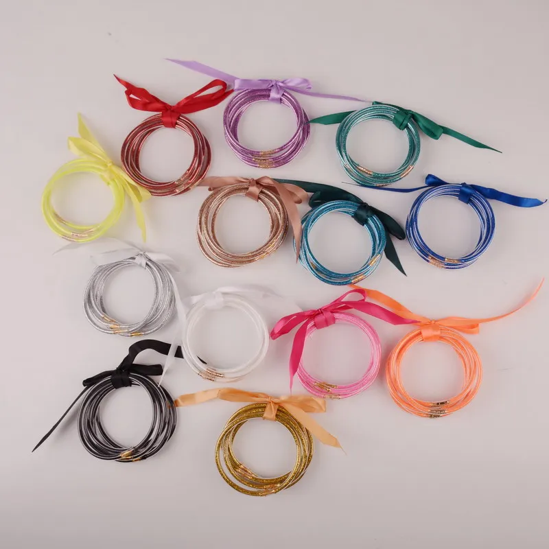 

All Weather Bangles Stack Silicone Plastic Glitter Jelly Bracelet for Women Fill Gold Powder Bowknot Friendship Glitter Bangles