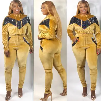

Big size women casual outfit hooded sequined crop top and slim long pants 2 piece set sports suit