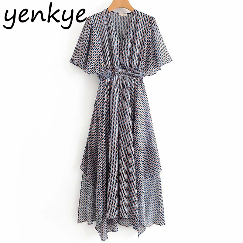 Women Vintage Geometric Asymmetric Dress Summer vestidos Short Sleeve V Neck Elastic Waist Long DJF9070　 | Женская одежда
