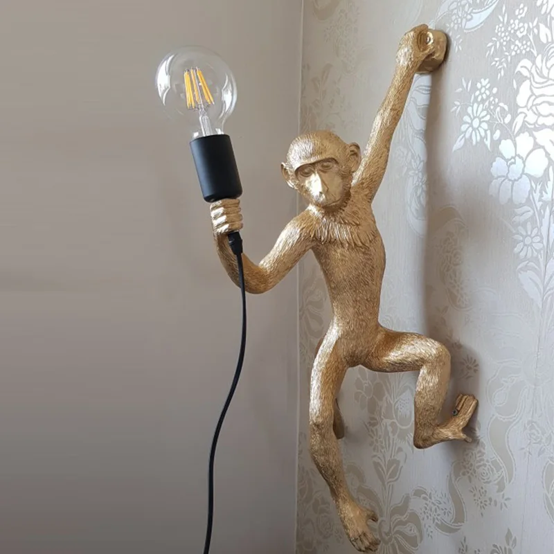 Online Harz Gold Affe Anhänger Lampe Hängen Wand Wohnzimmer Licht Pendante glanz E27 Birne Kroonluchter Luces Dekoration Plafondlamp