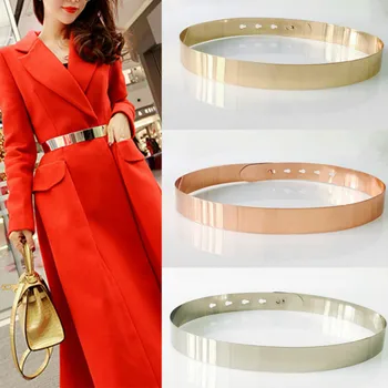 

Fashion Women Adjustable Metal Waist Belt Bling Gold Silver Color Plate Vintage Lady Simple Belts Mirror Waistband