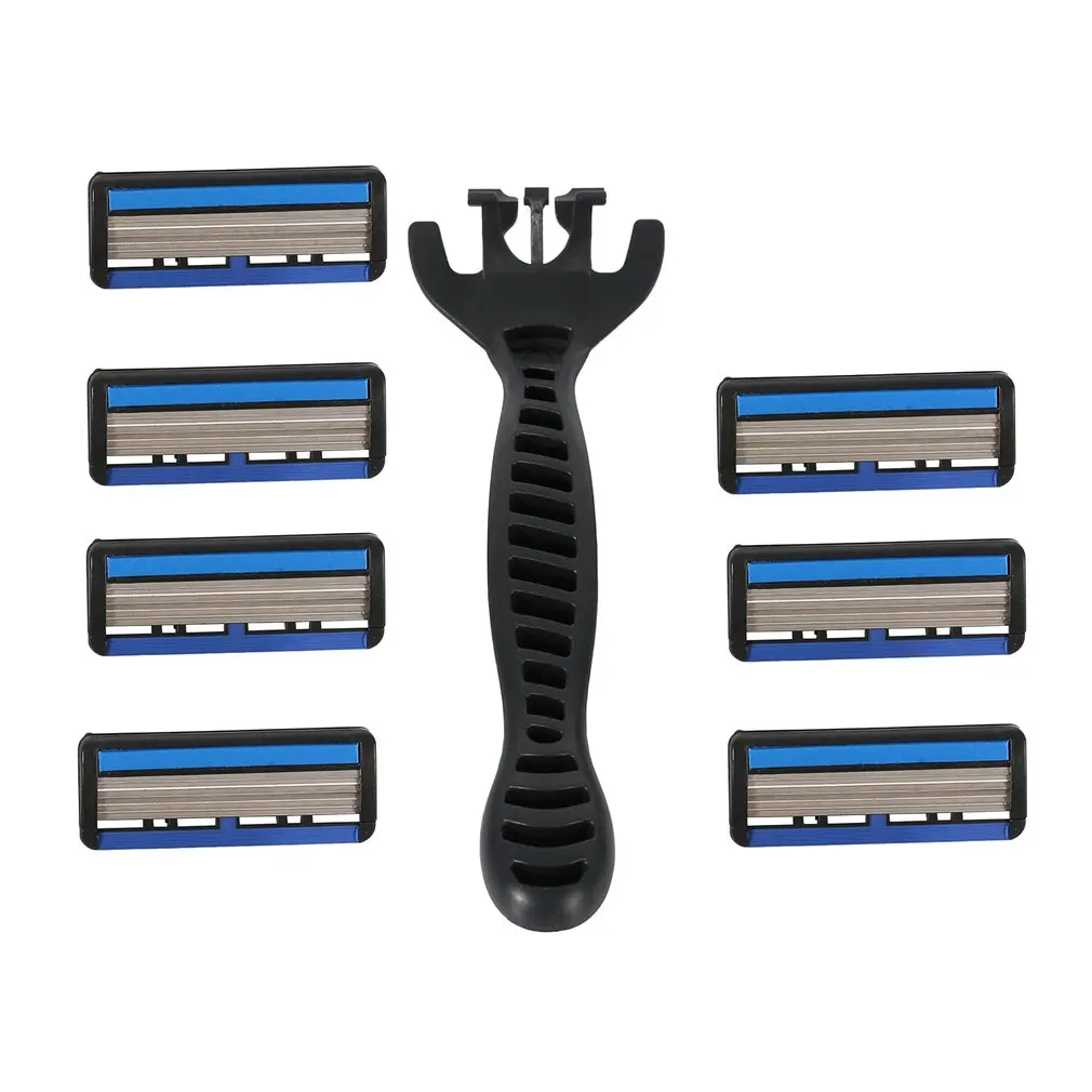 

6 Layers Razor 1 Razor Holder + 7 Blades Replacement Shaver Head Cassette Shaving Razor Set Blue Face Knife For Man