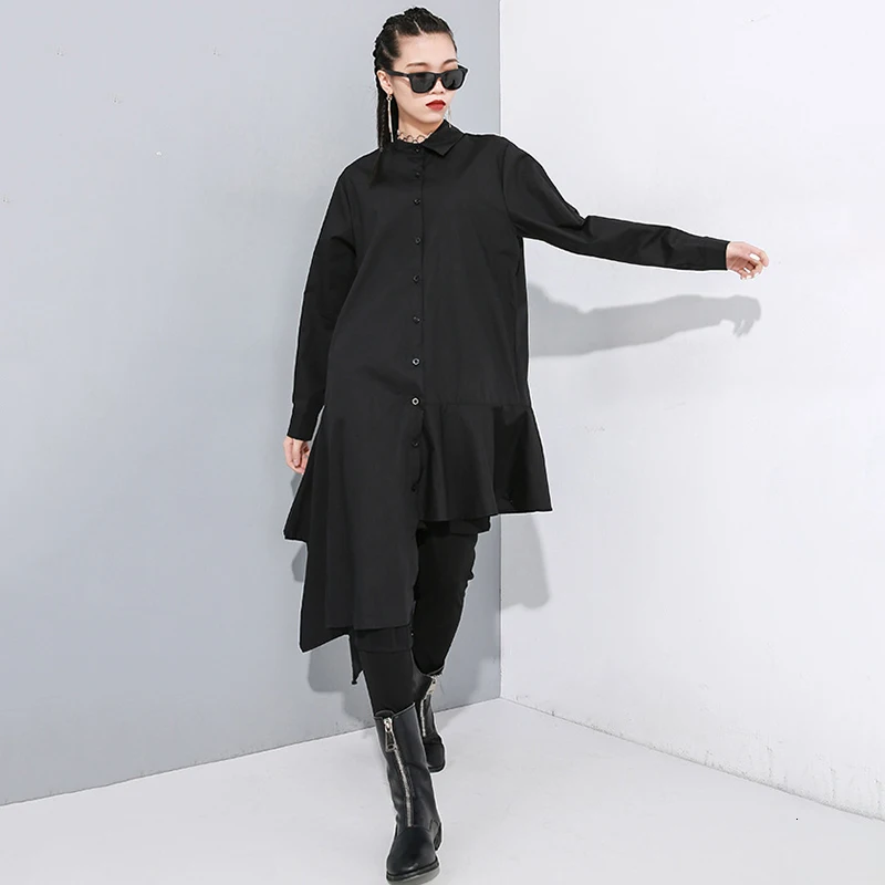 [EAM] Женская Черная Асимметричная плиссированная Длинная блузка, новая свободная рубашка с отворотом и длинным рукавом, модная весенняя Осенняя 1N202