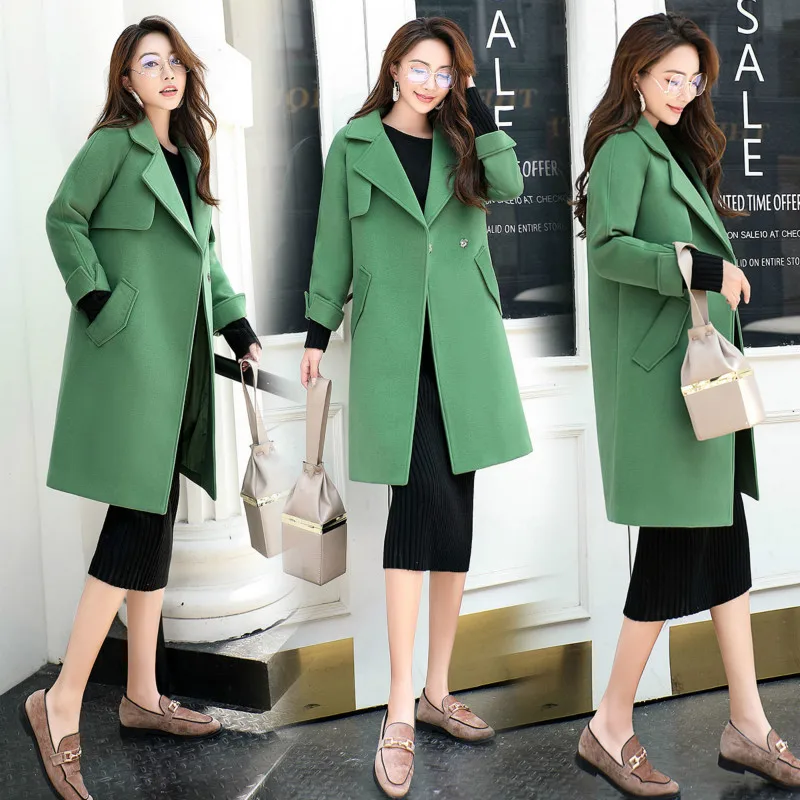 

YASUGUOJI New 2019 Womens Winter Long Coats Elegant Turn-down Collar Green Coat Covered Button Pink Coat Long Green Coat Women