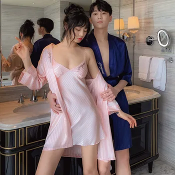 

Couple Striped Satin Sleepwear Silky Kimono Gown Women Robe Set Men Robe 2PCS Lovers Nightwear Casual Home Dressing Gown