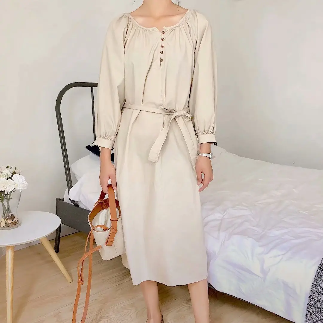 

2018 Spring And Summer Korean-style Simple Versatile Washed Cotton Dress Ninth Sleeve Slimming Casual Medium-length Dress Women'