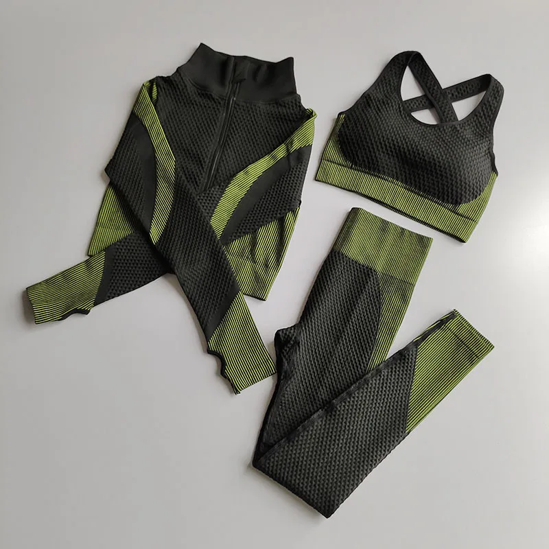 3pcs Sets Women Yoga Set  Workout Clothes for Women Sports Bra&zipper Top&yoga Pants Gym Wear Workout Clothes