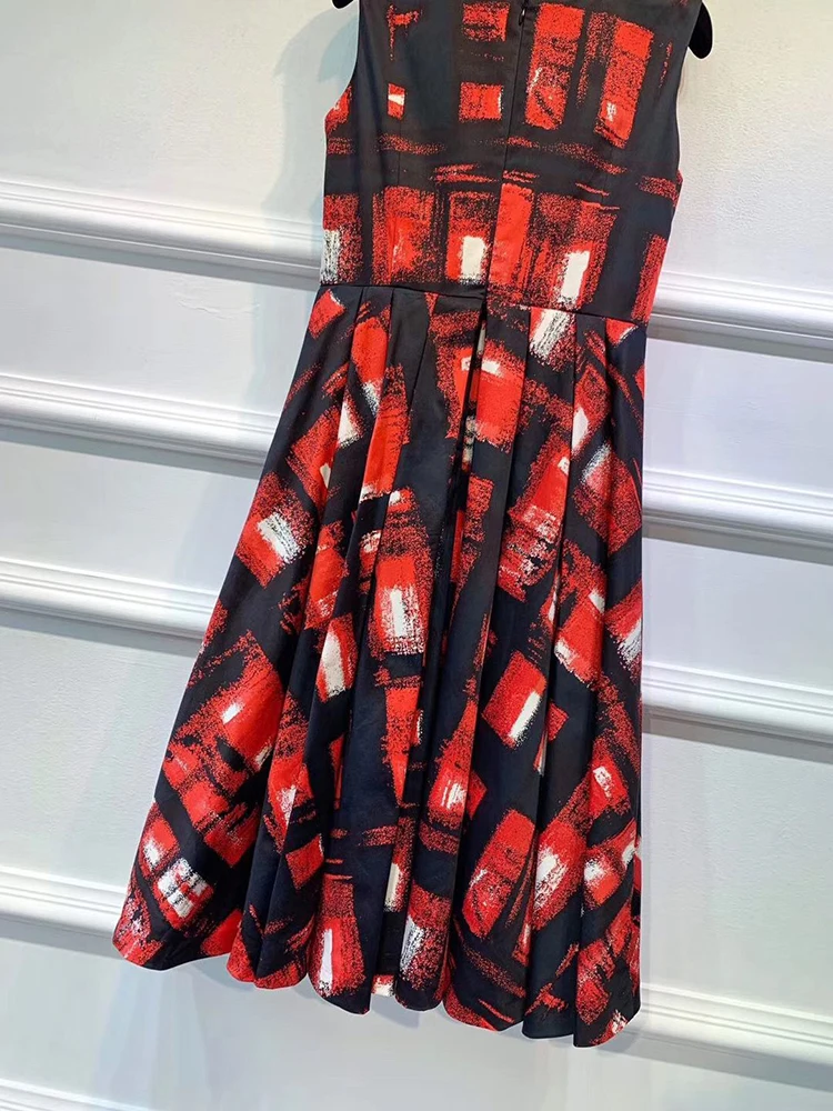 Ziwwshaoyu Red Printed Cotton Fashion Dress Women's Mesh Lining Designer Summer Sexy Party Knee-Length Dresses