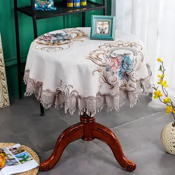 

European Round Table Cloth Flower Print Bottom Chenille Table Cover Tablecloth with Pendant Household Tabletop Protector