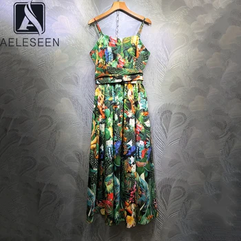 

AELESEEN 2020 Spring New Runway Print A-Line Dresses Women Elegant Spaghetti Strap Back Sashes Rain Forest Printed Midi Dress