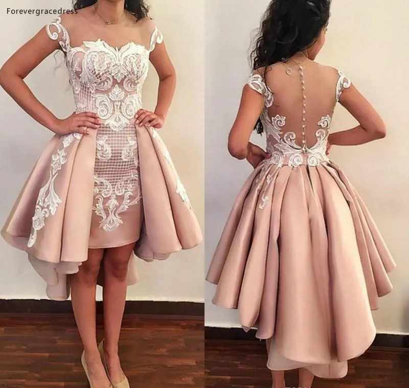 2018 New Pink Sheer Backless Sheath Cocktail Dresses Appliques Cap Sleeves Mini Short Prom Evening Gowns Custom Made with Detachable Train 149 (2)