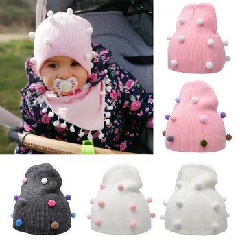 

New Winter Baby Hat Plush Knitted Caps Winter Warm Beanies Cute Colorful Ball Hats Child Crochet Cap Wholesale