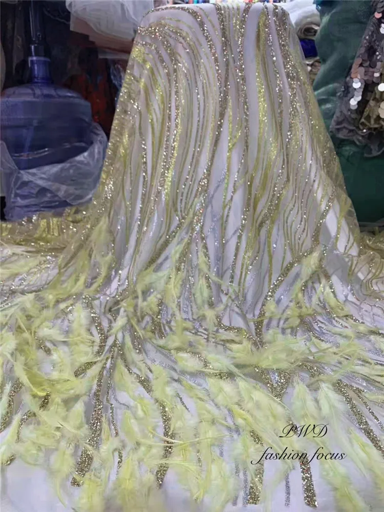 Африканская клееная Вышивка перо кружевная ткань Блестки вышитая перо кружевная ткань для свадебной вечеринки