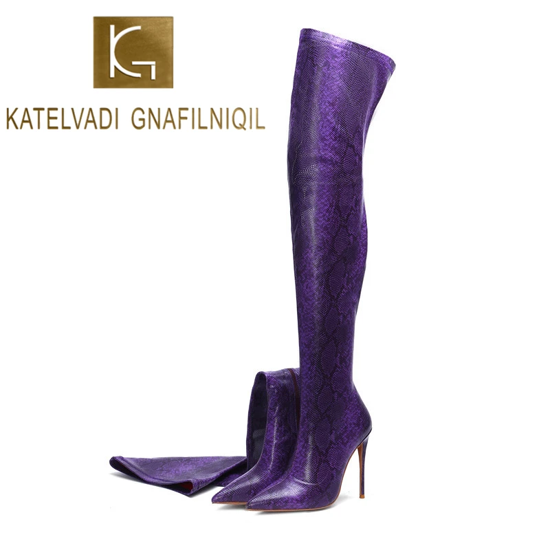 

KATELVADI Thigh High Boots Sexy Over the Knee Boots for Women Shoes Snakeskin PU Pointed Toe 12CM High Heels Long Boots K-590
