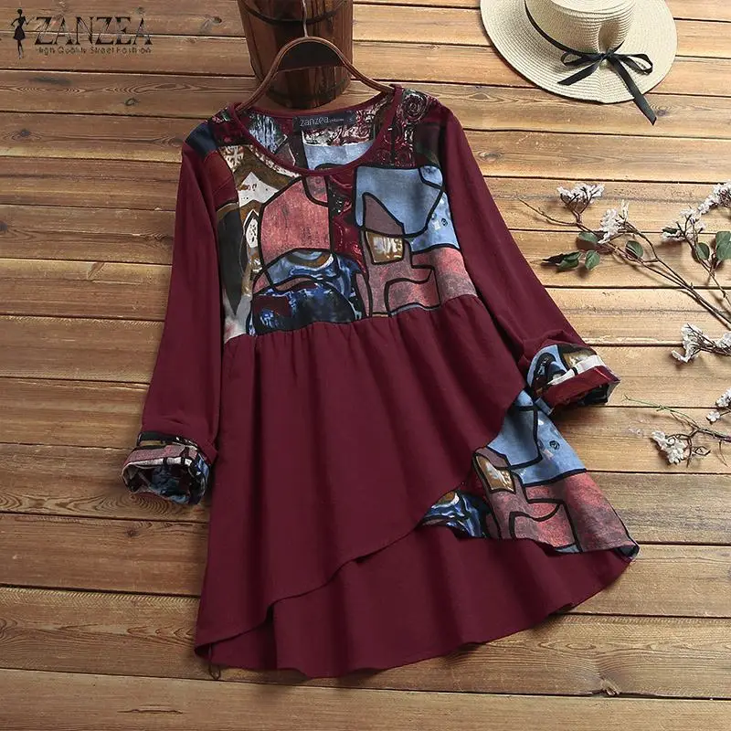 

Women's Printed Blouse 2020 ZANZEA Kaftan Patchwork Tops Casual Long Sleeve Shirts Female O Neck Blusas Floral Tunic Oversized