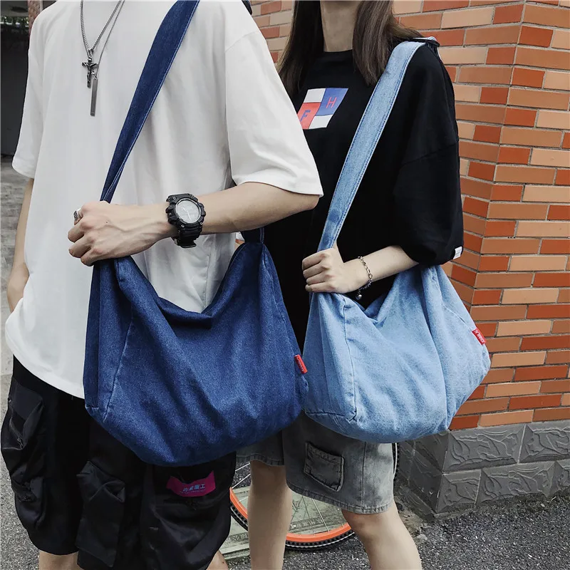 Женская сумка для путешествий в Корейском стиле, Большая вместительная Уличная Повседневная дорожная сумка через плечо, мужской Одноцветный рюкзак из потертой джинсовой ткани