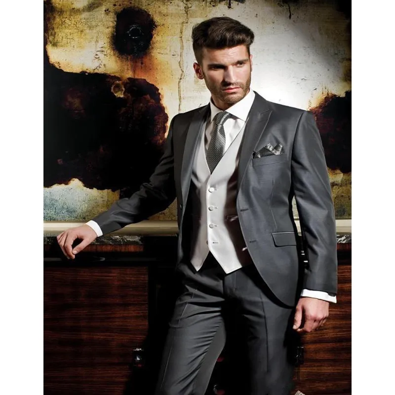 

Silver Mens Suits 2020 Notched Lapel wedding suits for groom Tuxedos Grooms Suits Two button three piece groomsmen suits