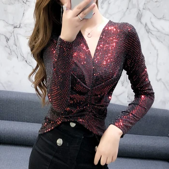 

2020 New Korean Fashion Summer Clothing Bright Sequins Slim Women Shirts Sexy Long Sleeve Women Tops And Blouses Party Blusas