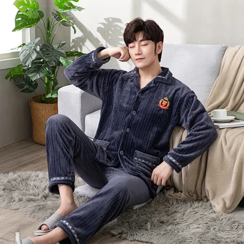 

Warm Sleepwear Men's Flannel Winter Thick Pajama Male Thick Long Sleeve Pijama Casual Autumn Pyjamas Men Coral Fleece Sleep XXXL