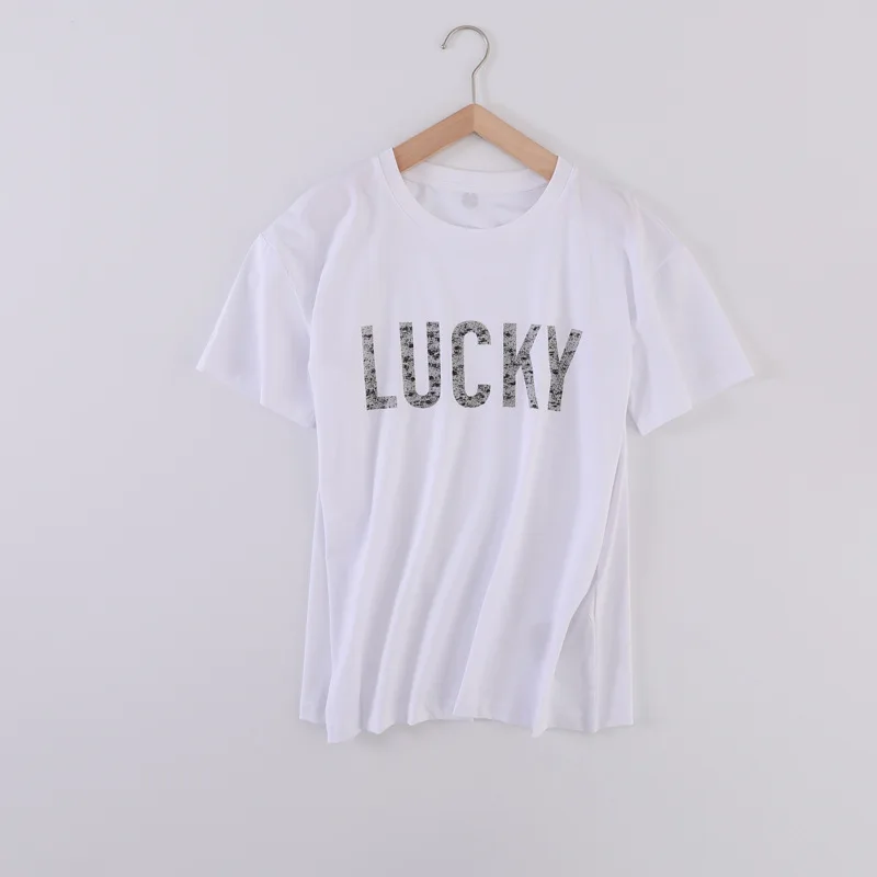 Футболка с круглым вырезом и надписью LUCKY | Женская одежда