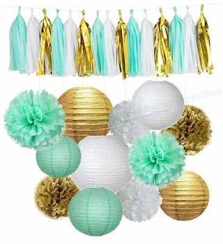 

1 Set Mint Pink & Gold Decoration kits 8inch Tissue Paper PomPoms 10inch Paper Lantern Birthday Party Baby Shower Wedding Favor