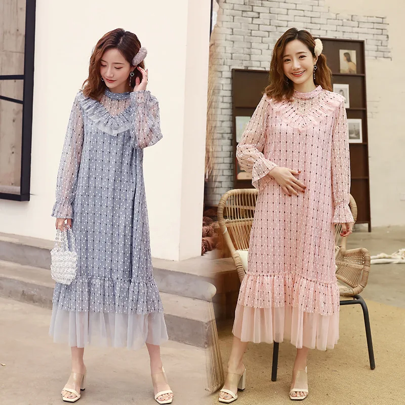 

Pregnant Women Large Size Dress Spring Summer Loose-Fit Fashion Mom Fashion Gauze Mid-length Skirt Blouse Base Pregnant Women