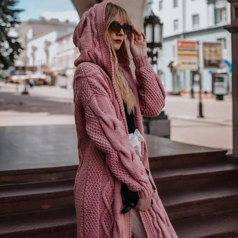 Женский вязаный кардиган, Повседневный, теплый, Одноцветный, открытая стежка, длинный женский свитер, Повседневный, негабаритный, свободный, с капюшоном, трикотаж