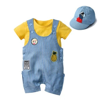 

New Summer 3pcs Baby Boy Short Sleeve Romper Tops Casual Striped Strap Shorts Tshirt Hat Outfits Set d