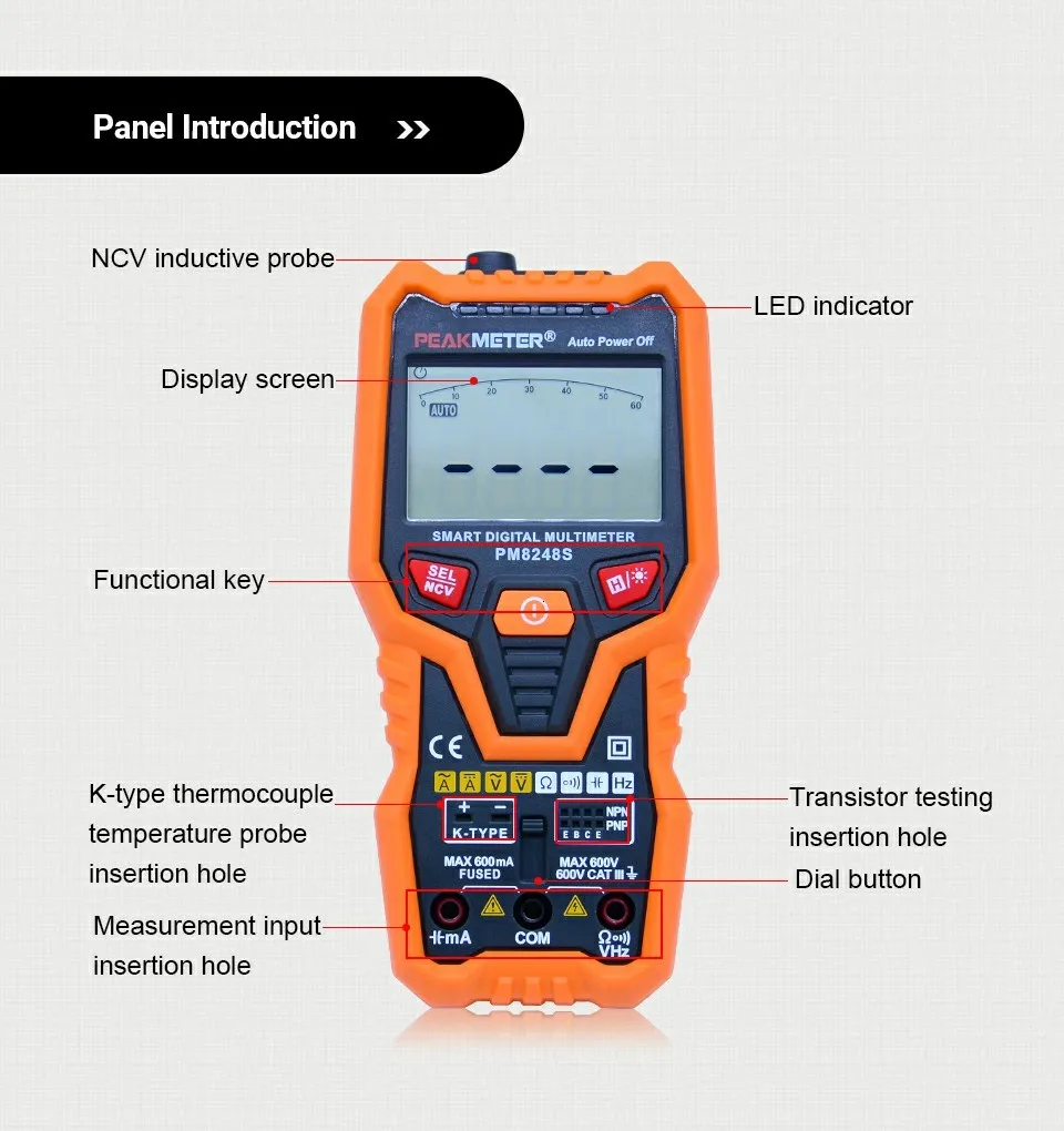 PEAKMETER DC/AC Умный полный автоматический Диапазон Цифровой мультиметр NCV Частота Температура Емкость тестер PM8247S/PM8248S