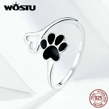 

WOSTU Paw Dog Footprint Heart Rings 925 Sterling Silver Black Enamel Adjustable Ring Finger For Women Wedding Jewelry FIR584