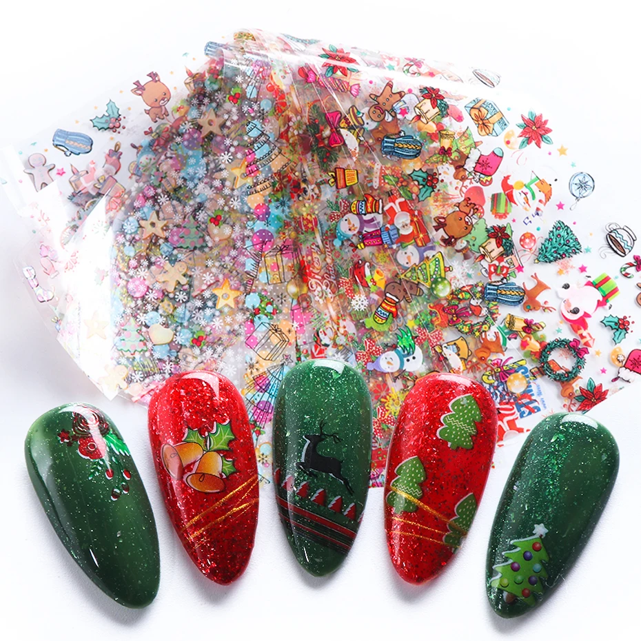 10 шт переводная Фольга для ногтей, Рождественский мультяшный слайдер для дизайна ногтей, рождественская елка, подарок, снеговик, украшения для ногтей, клейкая пленка BEXK9126