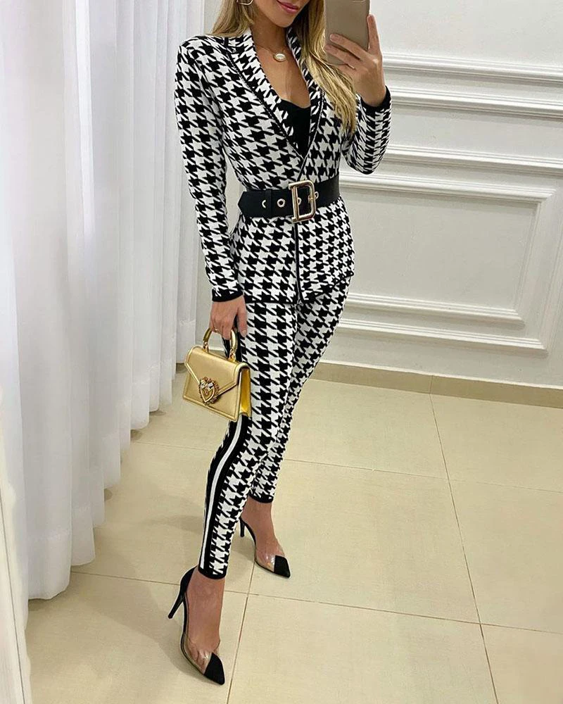 

Women Fashion Casual Two-Piece Set Suits Set Female Autumn Clothes Zip Design Houndstooth Coat & High Waist Fitted Pants sets